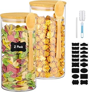 Set of 2 Glass Jars with Bamboo Lids and Spoon, 44 oz