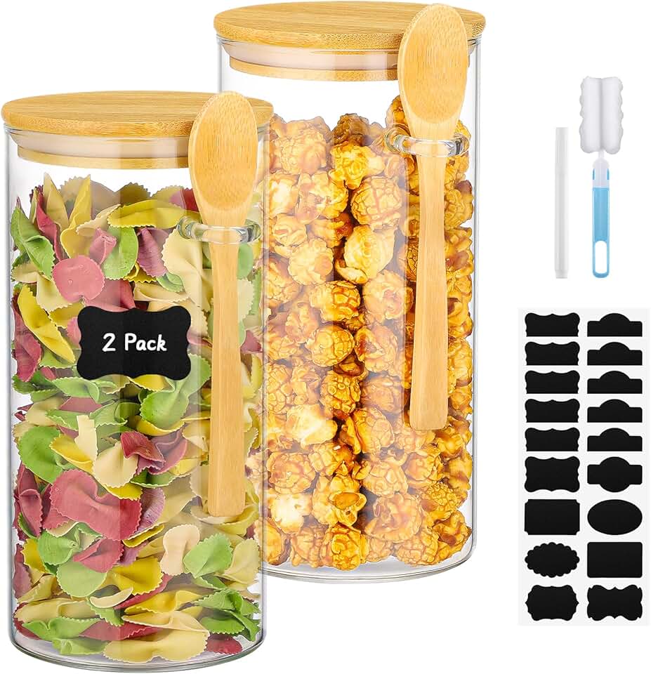 Set of 2 Glass Jars with Bamboo Lids and Spoon, 44 oz