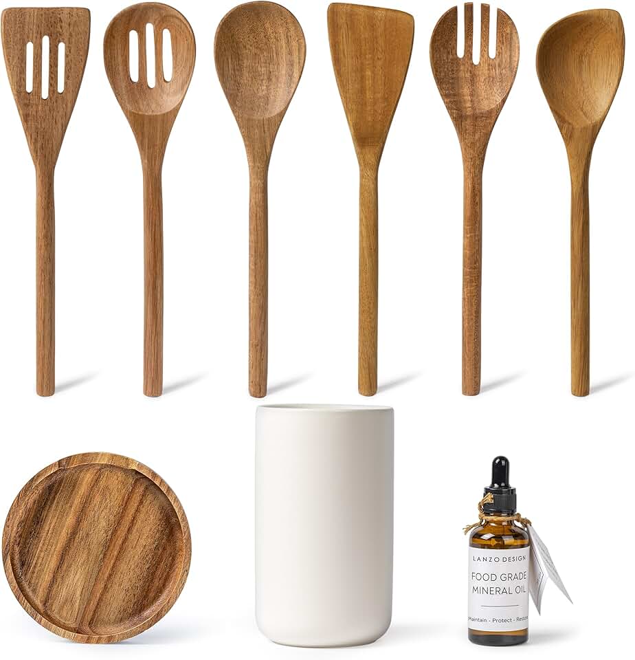 8-Piece Wooden Kitchen Utensil Set with Ceramic Holder