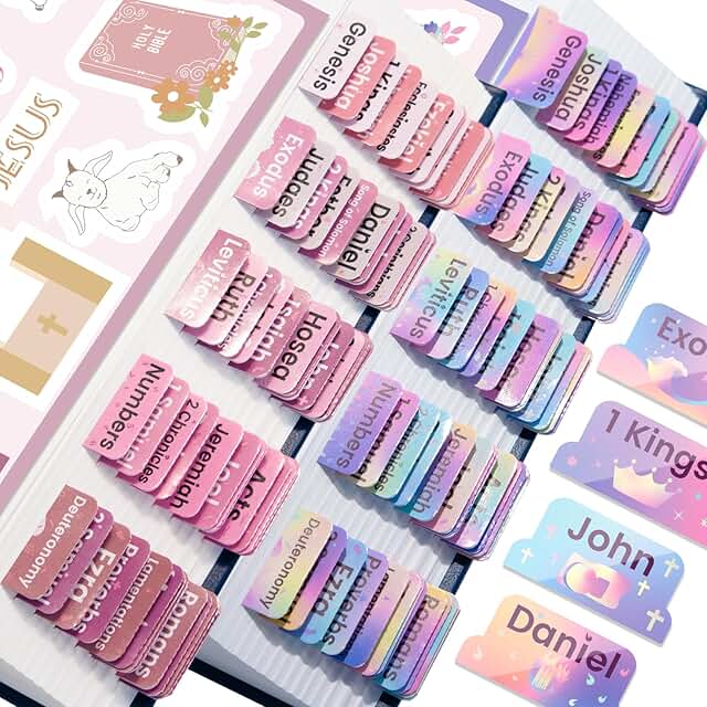 Set of two laminated Bible tabs with colorful stickers