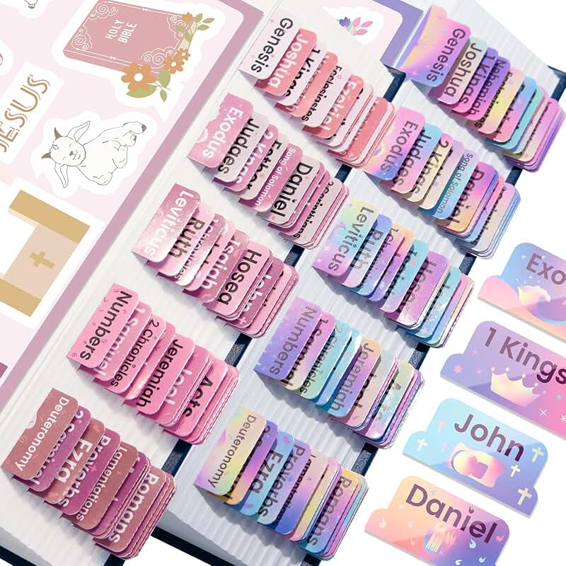 Set of two laminated Bible tabs with colorful stickers