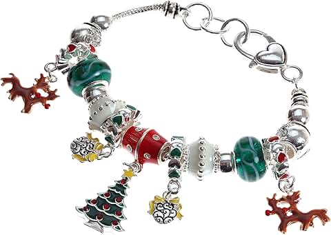 Christmas Murano Glass Beaded Silver Charm Bracelet