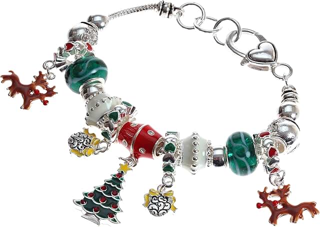 Christmas Murano Glass Beaded Silver Charm Bracelet