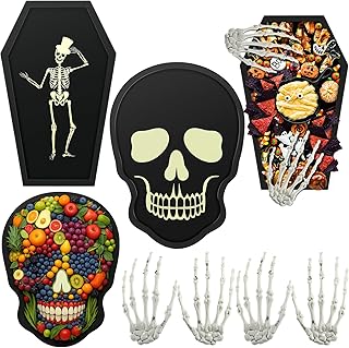 Set of four Halloween wooden serving trays with skeleton hands