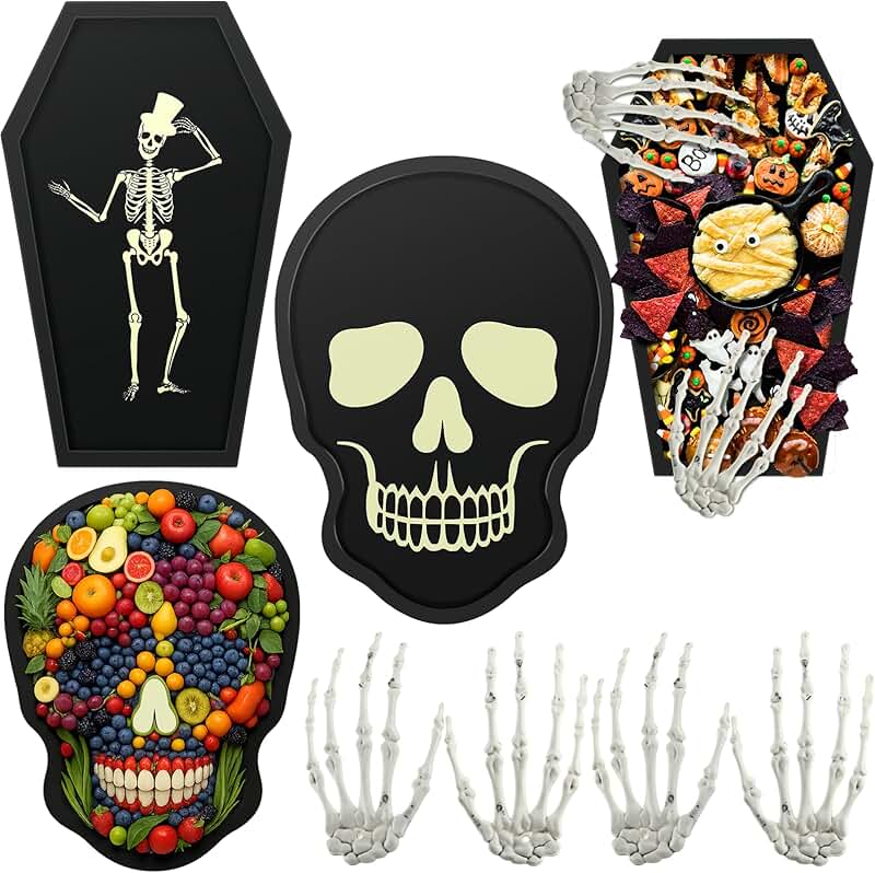 Set of four Halloween wooden serving trays with skeleton hands