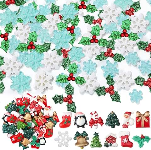 200 Pcs Christmas Resin Flatback Holly Berries and Snowflake Decorations