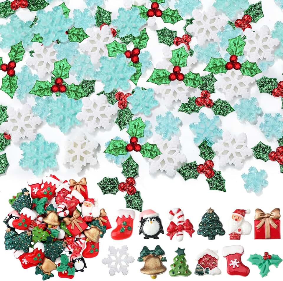 200 Pcs Christmas Resin Flatback Holly Berries and Snowflake Decorations