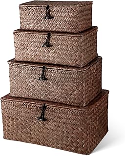 Set of 4 Handwoven Wicker Storage Baskets with Lids