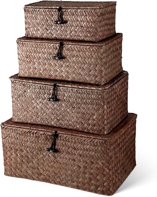 Set of 4 Handwoven Wicker Storage Baskets with Lids