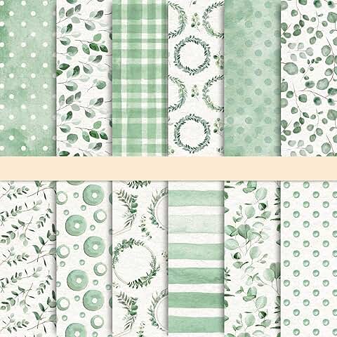 24 Green Eucalyptus Pattern Scrapbook Papers, 30x30cm