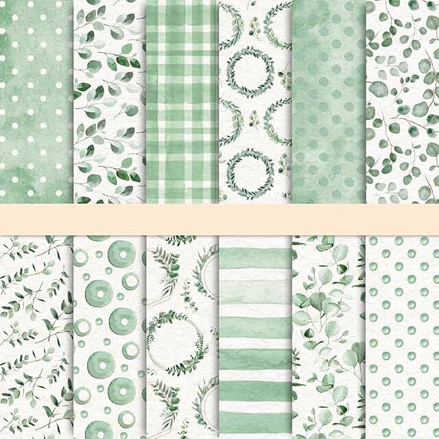 24 Green Eucalyptus Pattern Scrapbook Papers, 30x30cm