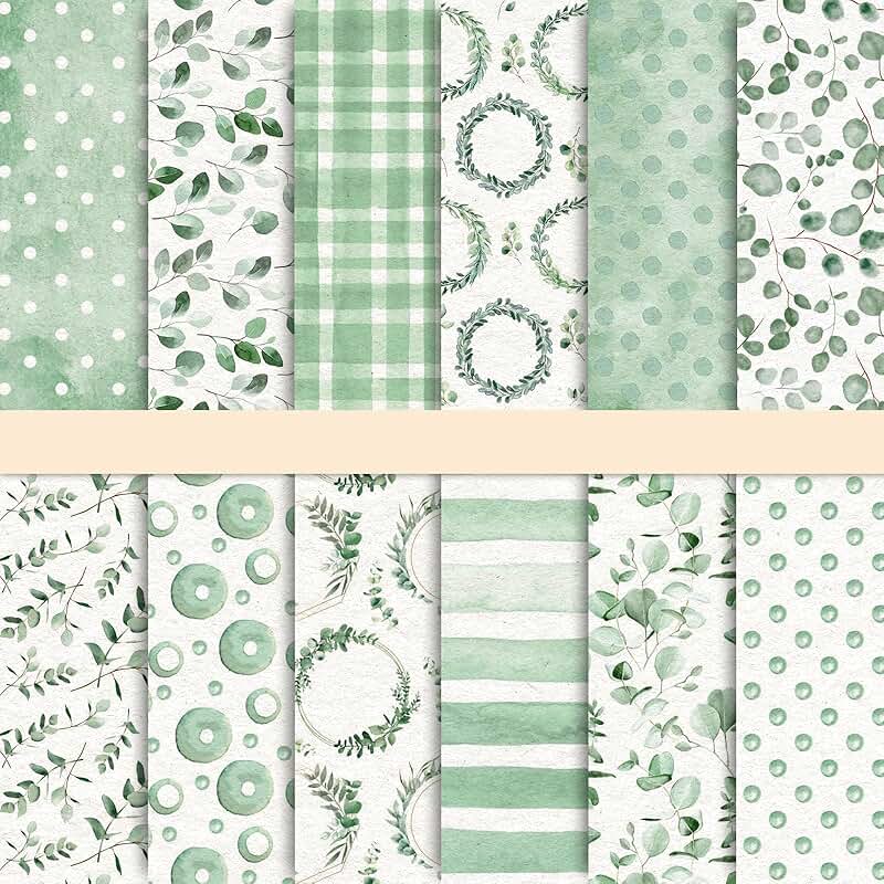 24 Green Eucalyptus Pattern Scrapbook Papers, 30x30cm