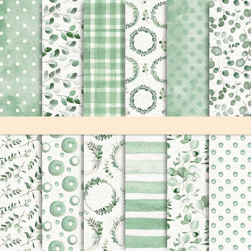 24 Green Eucalyptus Pattern Scrapbook Papers, 30x30cm
