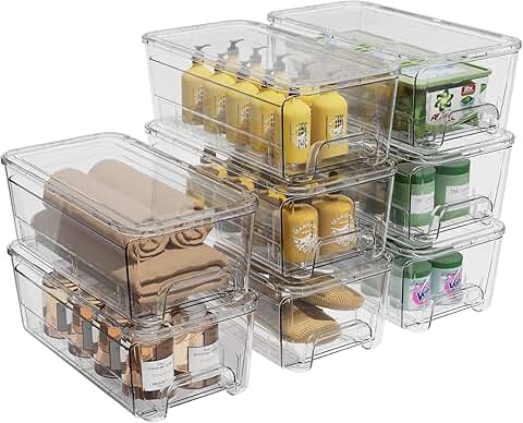Eight Clear Bathroom and Kitchen Storage Bins