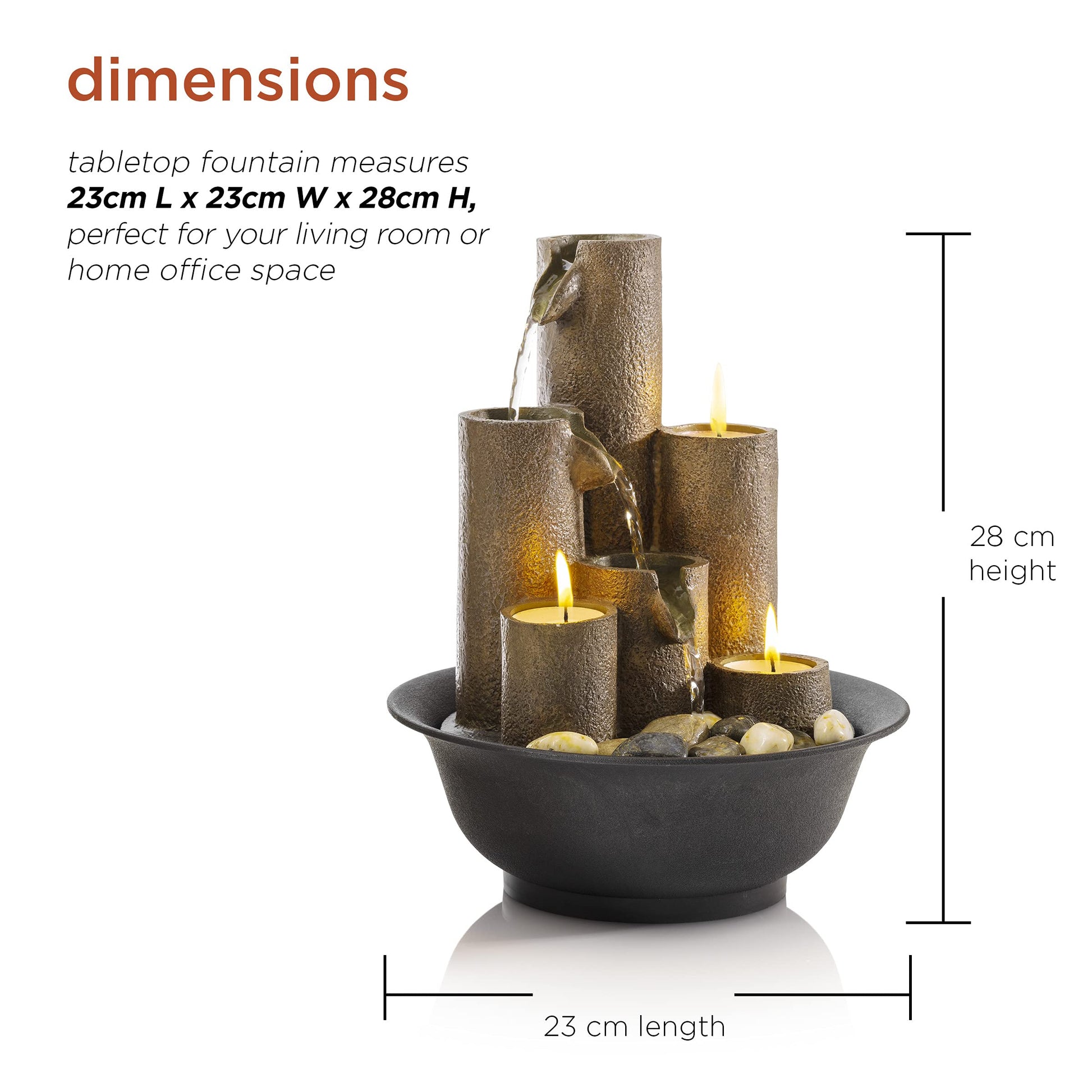 Tiered Column Tabletop Fountain with 3 Candles, Mini Waterfall for Indoor Spaces, Relaxation Water Feature, 11" Tall, Brown