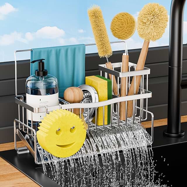 Kitchen Sink Sponge and Brush Holder with Towel Bar