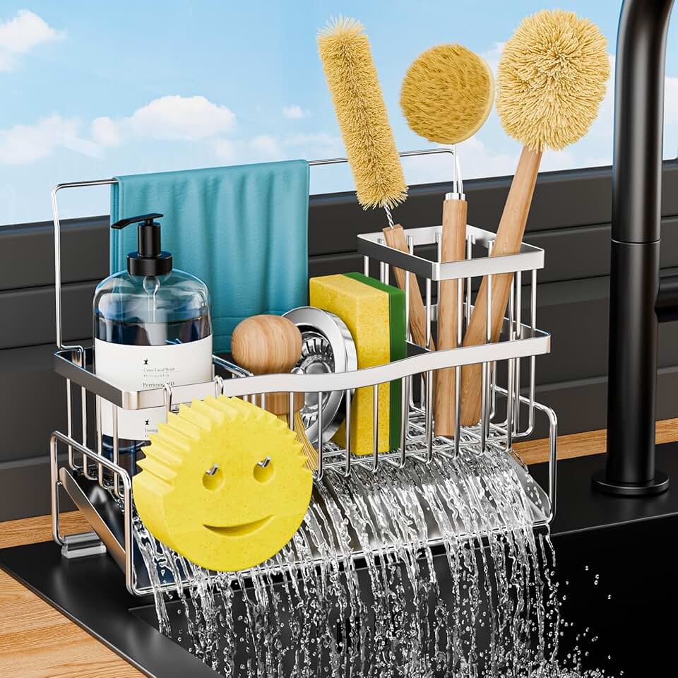Kitchen Sink Sponge and Brush Holder with Towel Bar
