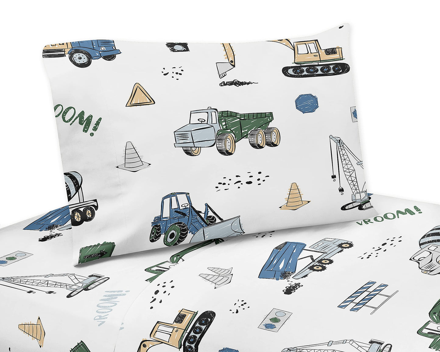 Construction Truck Queen Sheet Set  4 Piece Set  Grey Yellow Black Blue and Green Transportation