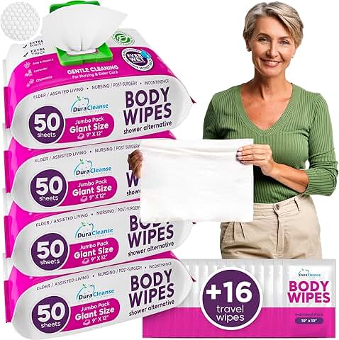 XL Body Wash Wipes for Adults, 200 Count + 16 Travel Wipes