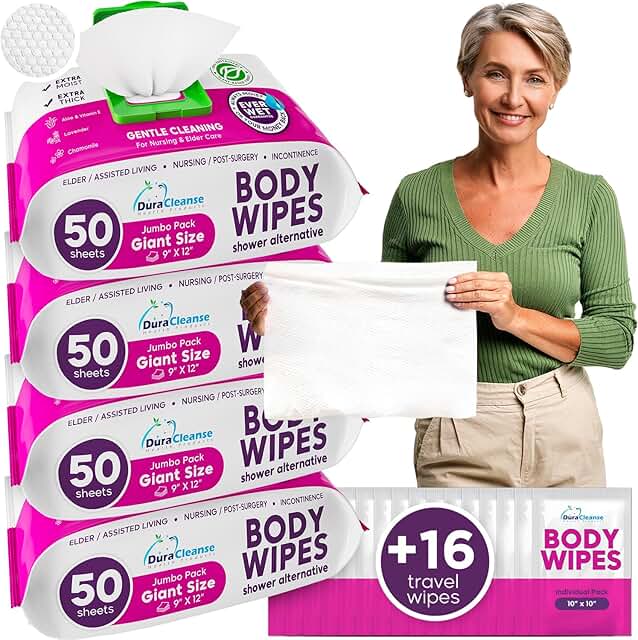 XL Body Wash Wipes for Adults, 200 Count + 16 Travel Wipes