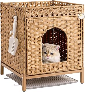 Hidden Cat Litter Box Furniture with Rattan Design