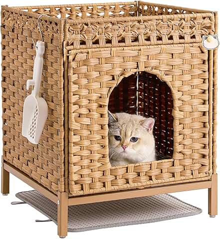 Hidden Cat Litter Box Furniture with Rattan Design