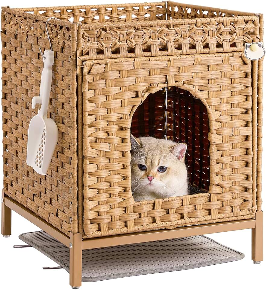 Hidden Cat Litter Box Furniture with Rattan Design