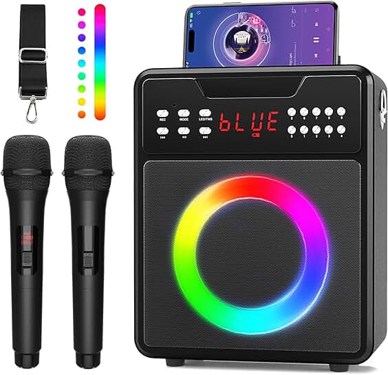 Portable Karaoke Machine with Microphones and LED Lights