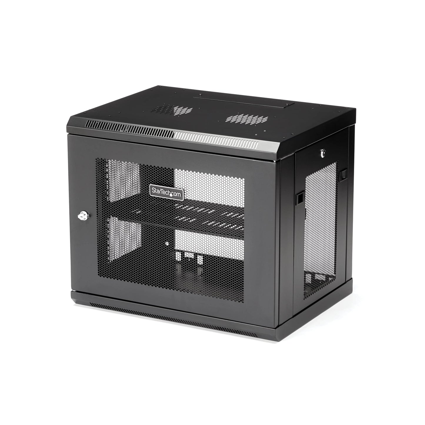 2 Post 9U 19" Wall Mount Network Cabinet - Adjustable Depth 6-15"- Locking IT Switch Depth Enclosure - Vented Computer/Electronics Equipment Data Rack w/Shelf & Hook & Loop Tape (RK9WALM)