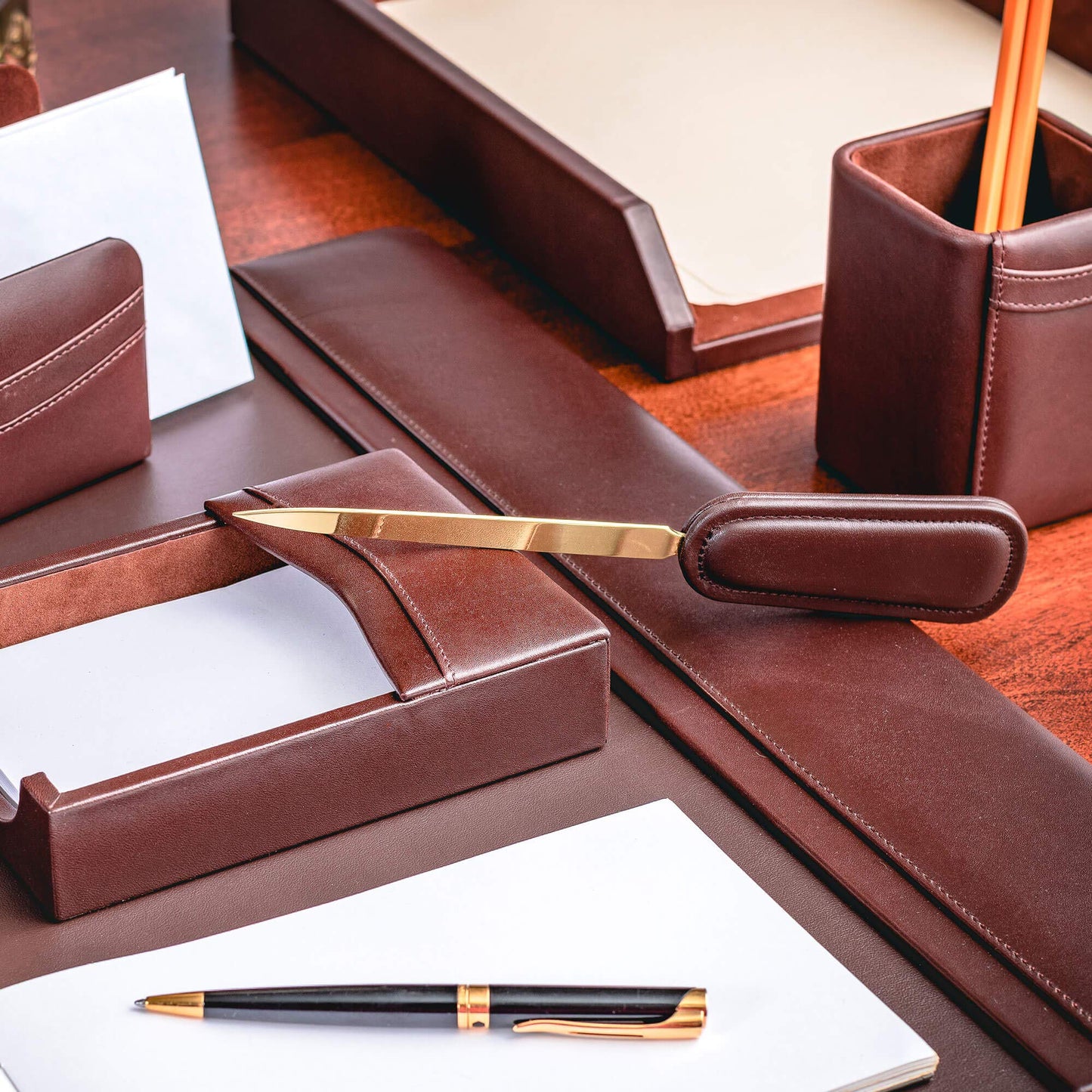Chocolate Brown Leather Letter Opener with Gold Blade
