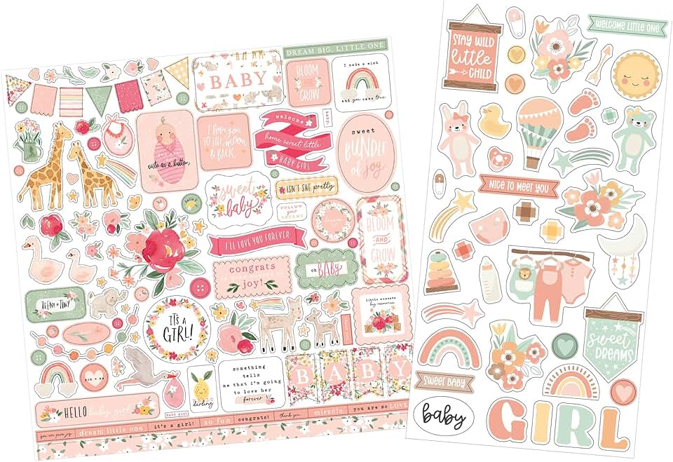 Baby Girl Scrapbook Stickers with Flowers and Toys