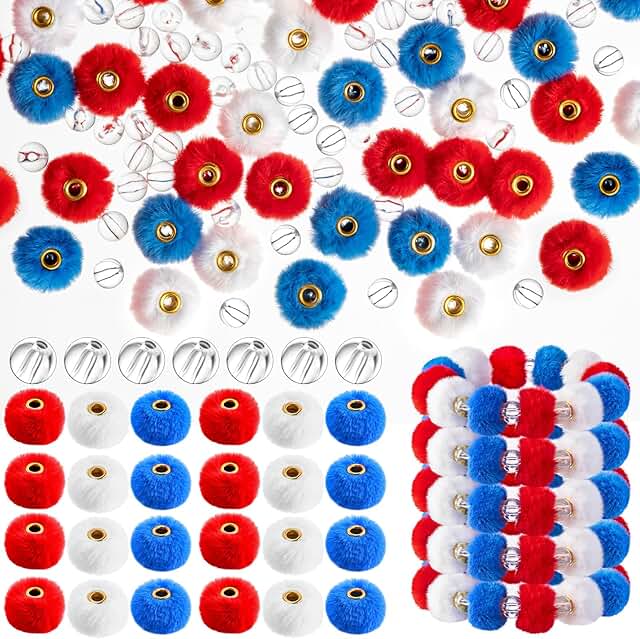 Set of 360 soft fuzzy faux fur pom beads in red, white, and blue