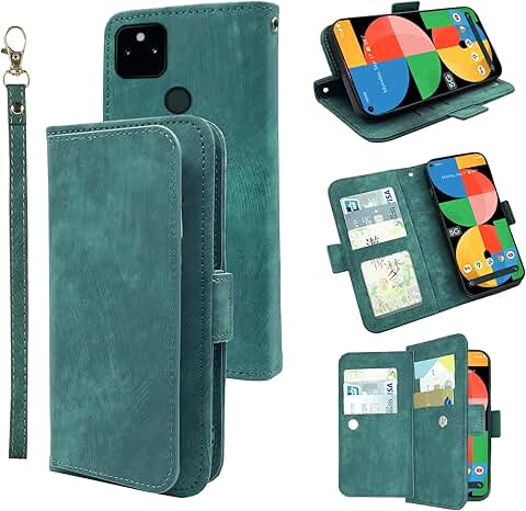 Leather Wallet Case with Wrist Strap for Pixel 5a 5G