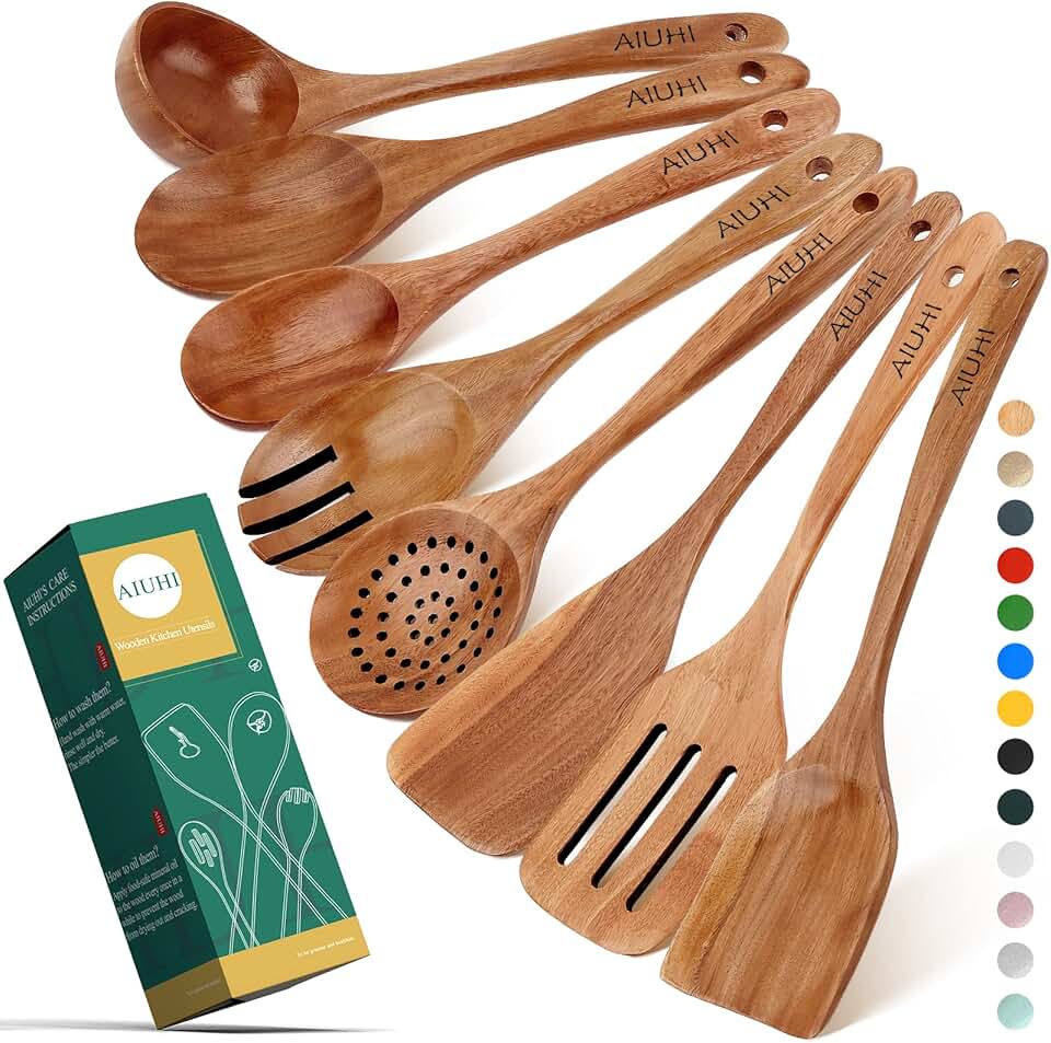 Wooden Cooking Spoons Set, Nonstick, Natural Teak, 8 Pieces