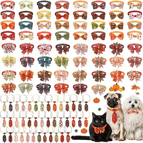 100 Pcs Fall Thanksgiving Dog Collar and Bow Tie Set