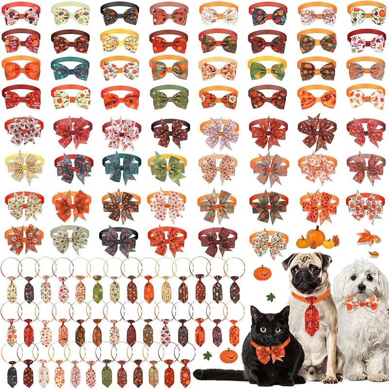 100 Pcs Fall Thanksgiving Dog Collar and Bow Tie Set