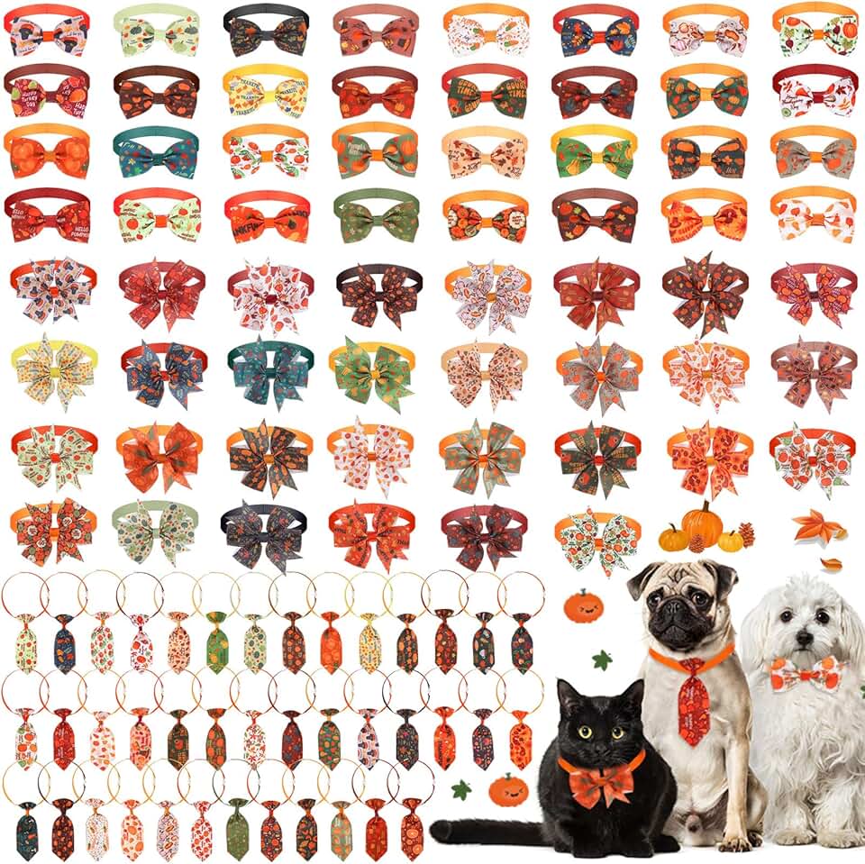 100 Pcs Fall Thanksgiving Dog Collar and Bow Tie Set