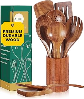 Natural Solid Teak Kitchen Utensil Set with Holder