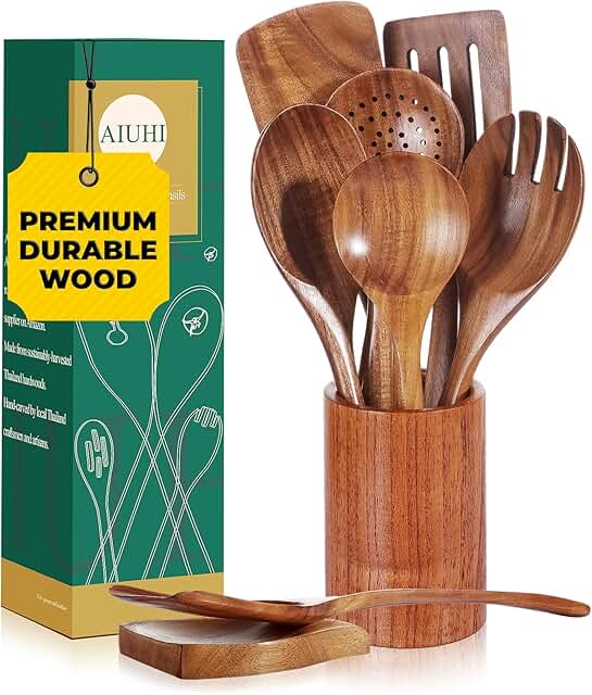 Natural Solid Teak Kitchen Utensil Set with Holder
