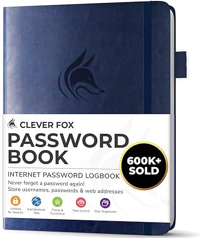 Small dark blue password organizer with tabs