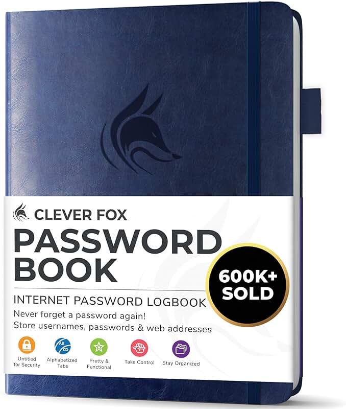 Small dark blue password organizer with tabs