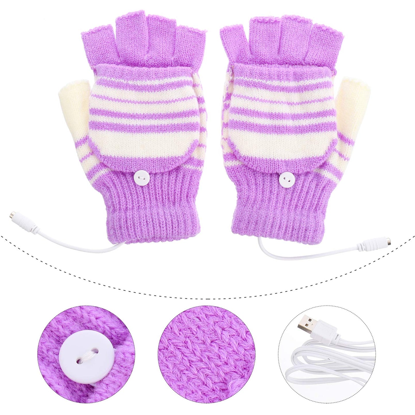 1 Pair USB Heated Gloves Warm Knit Gloves Laptop Gloves Winter Hands Warmer for Unisex Purple