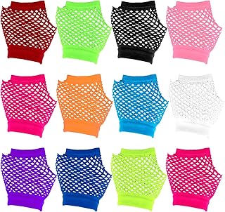 12 Pairs Colorful Fishnet Fingerless Gloves for Women and Girls