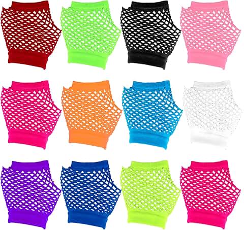 12 Pairs Colorful Fishnet Fingerless Gloves for Women and Girls
