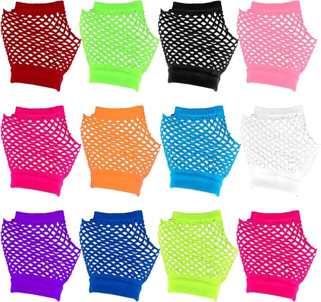 12 Pairs Colorful Fishnet Fingerless Gloves for Women and Girls