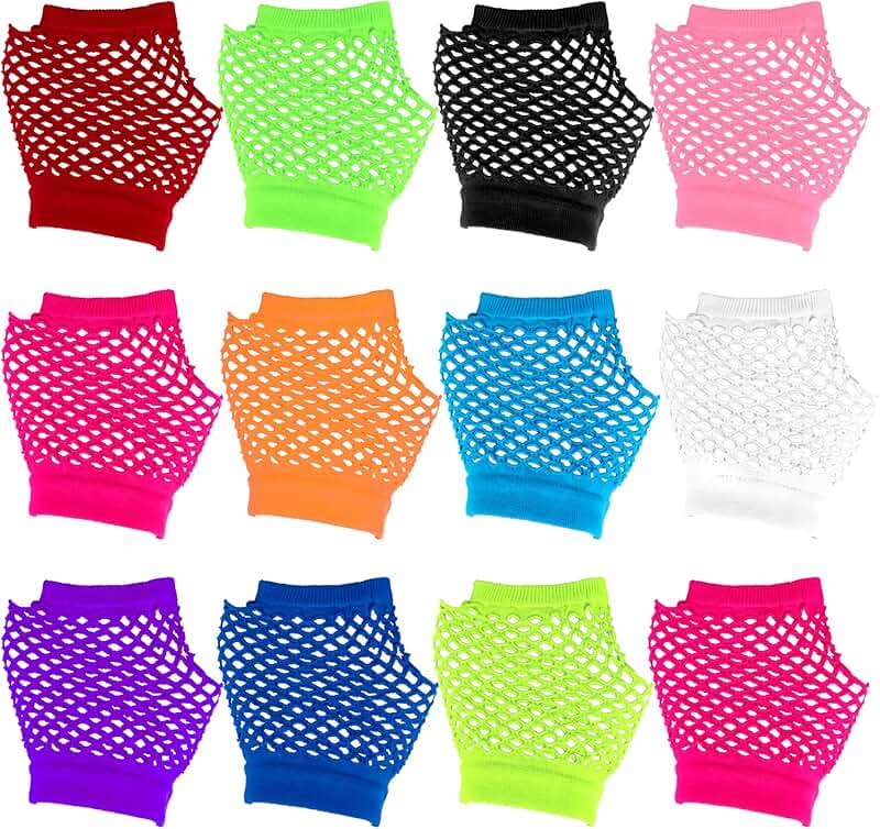 12 Pairs Colorful Fishnet Fingerless Gloves for Women and Girls