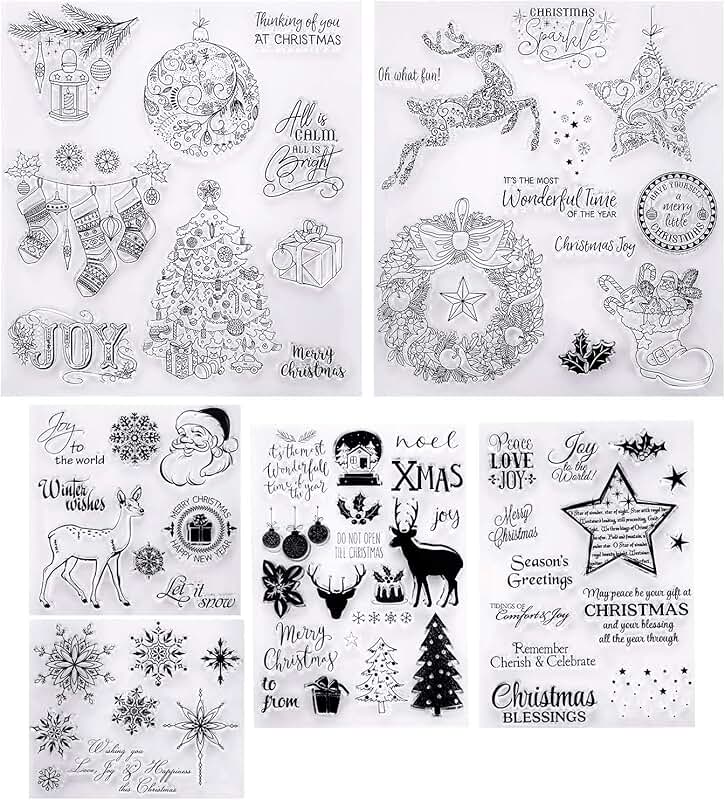 6 Sheets Christmas Clear Stamps with Snowflake Santa Deer Tree