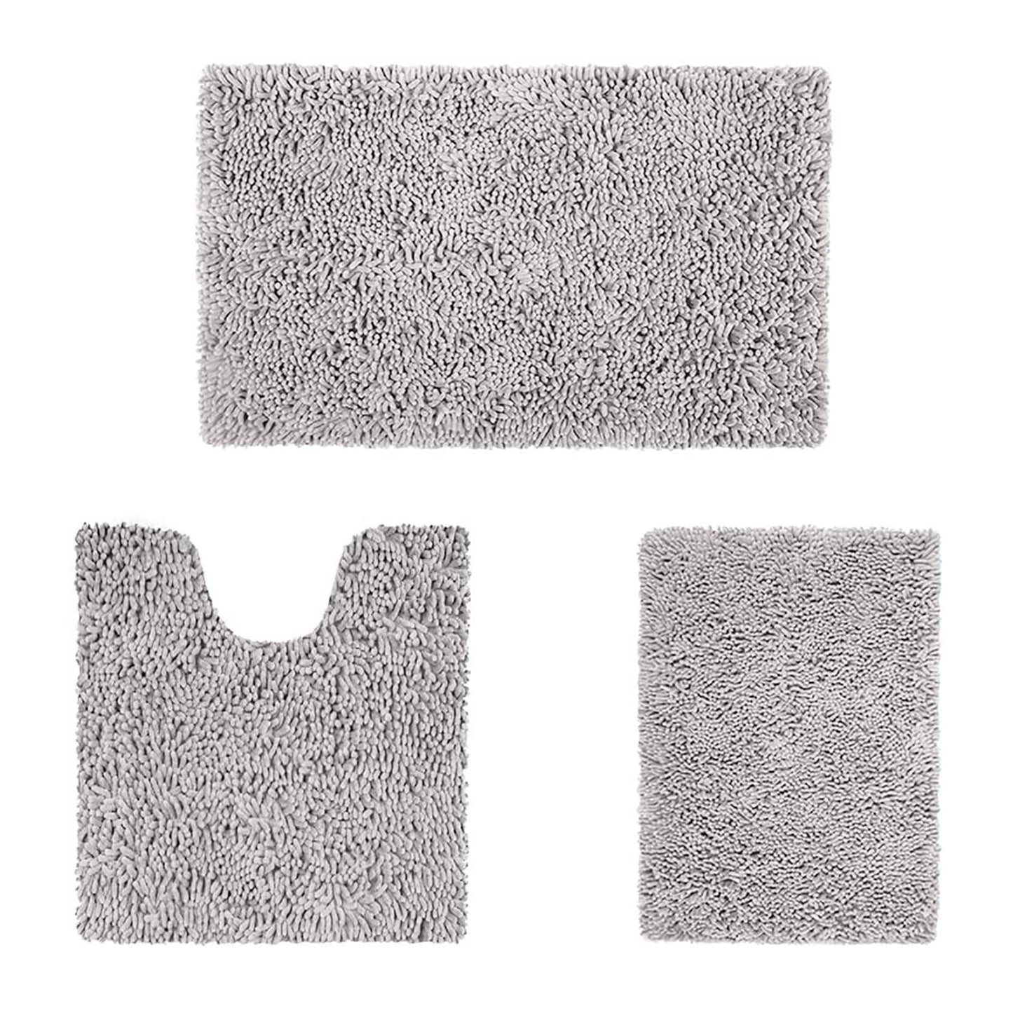 3 Pieces Bathroom Rug Set, Ultra Soft Non Bath Rug and Absorbent Chenille Bath Mat, Light Grey Bathroom Rugs, Plush Bath Mats for Bathroom, Tub, Shower