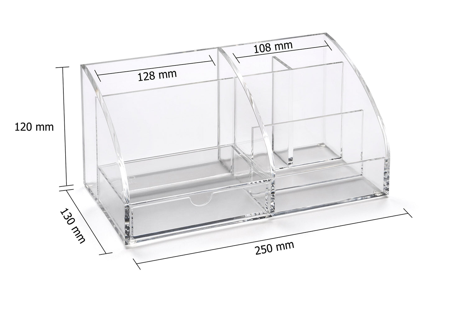 Clear acrylic desk organiser, 130mm x 250mm x 120mm