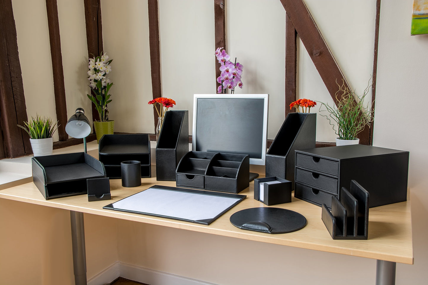 Black leather letter holder for desk storage